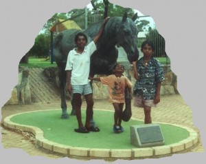 At the statue of 'Norseman' the historic Horse in the gold mining town of Norseman, (WA) Dec, 2002